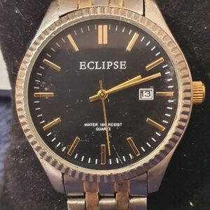 Eclipse Silver/Goldtone/Black Stainless Steel Men's Watch w/Date